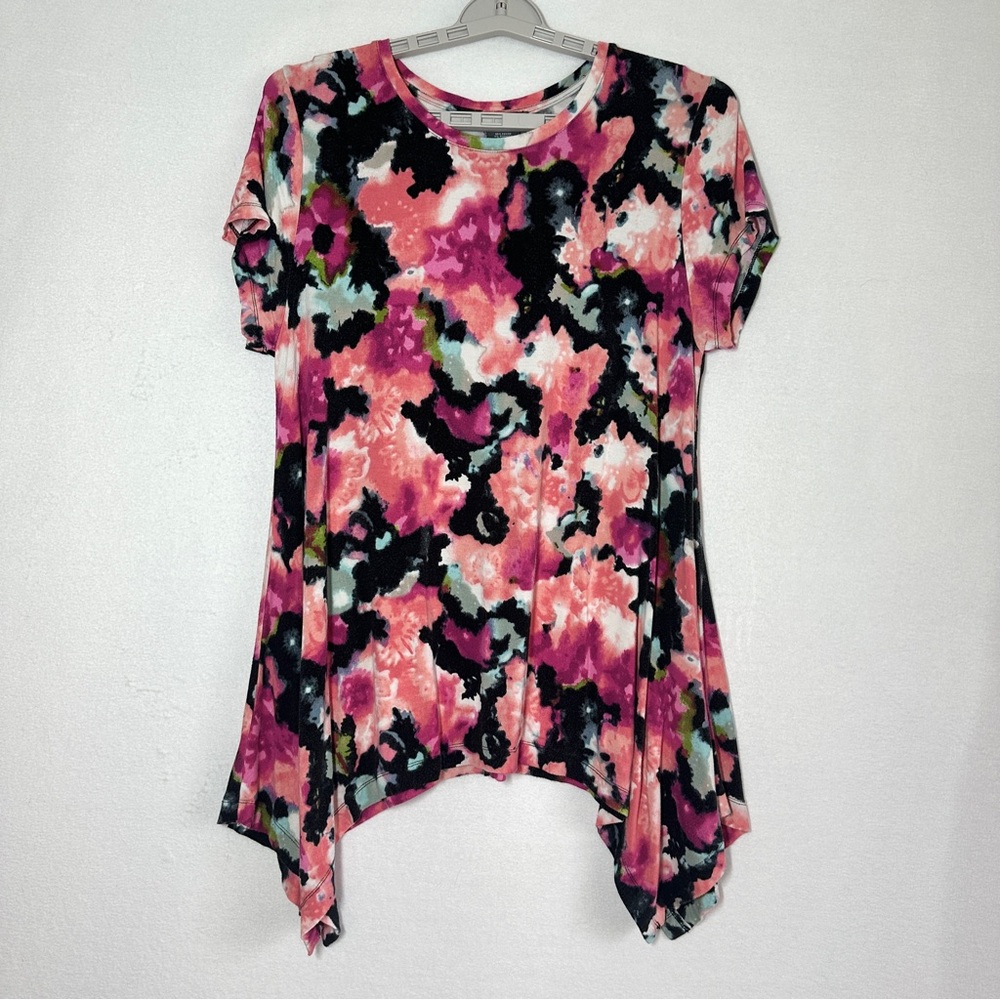 Chelsea & Theodore Multicolor Tunic Top XL Watercolor Black Pink Short Sleeve
